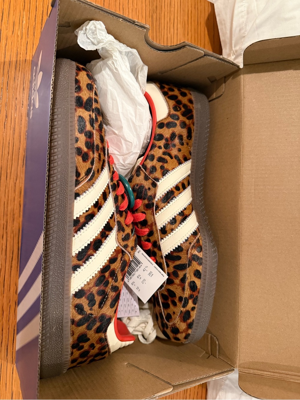 adidas Samba Women’s Leopard Print Three-Stripe Sneakers with Red and White Lace - Picture 2 of 7